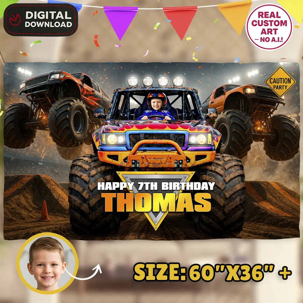Monster Truck Party Banner | Personalized Racing All-Star Birthday Sign 1 Custom Monster Truck Party Banner | Birthday Racing Sign