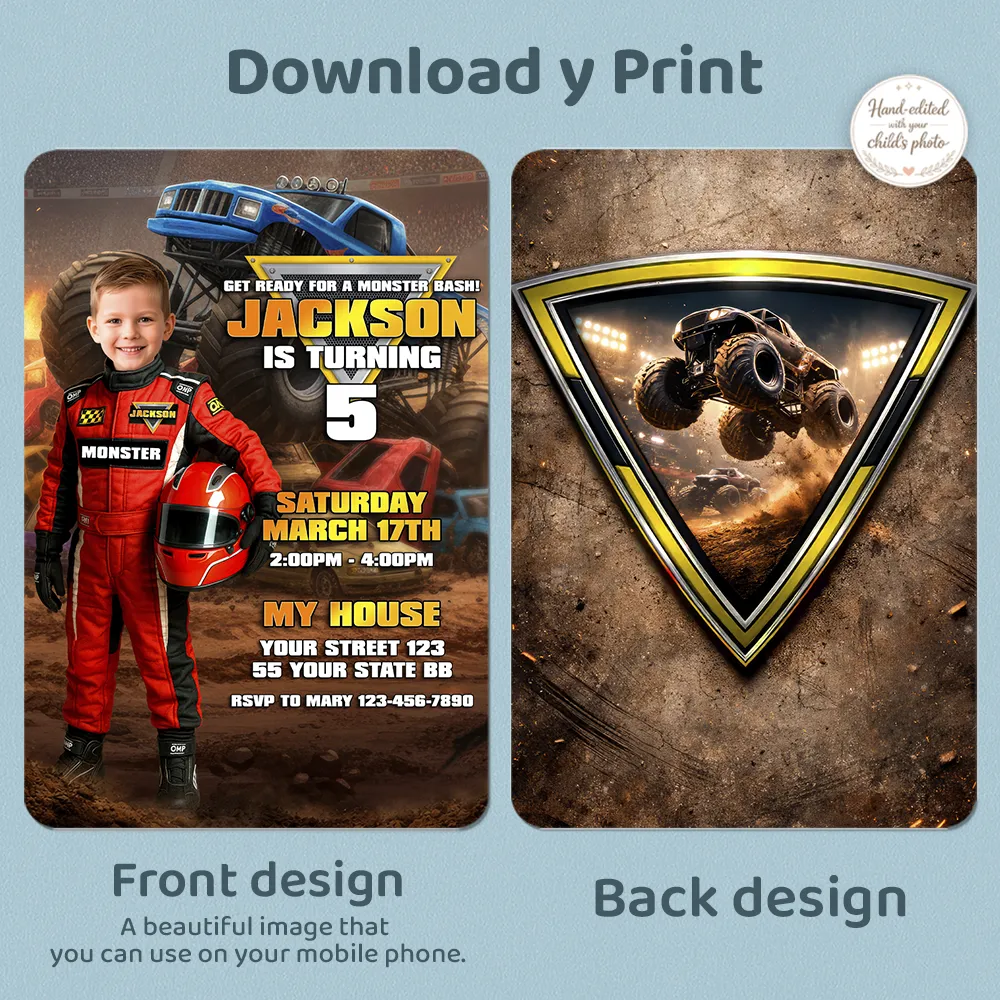 Red Monster Truck Custom Invitation | Personalized Smash & Crash Photo Invite 4 Monster Truck Custom Invitation – Personalized Off-Road Birthday Photo Invitation