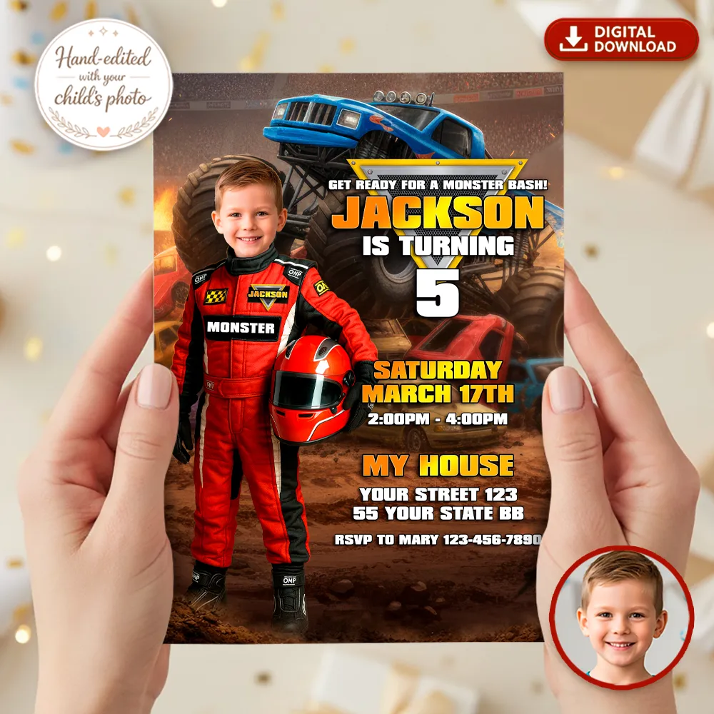 Red Monster Truck Custom Invitation | Personalized Smash & Crash Photo Invite 2 Monster Truck Custom Invitation – Personalized Off-Road Birthday Photo Invitation