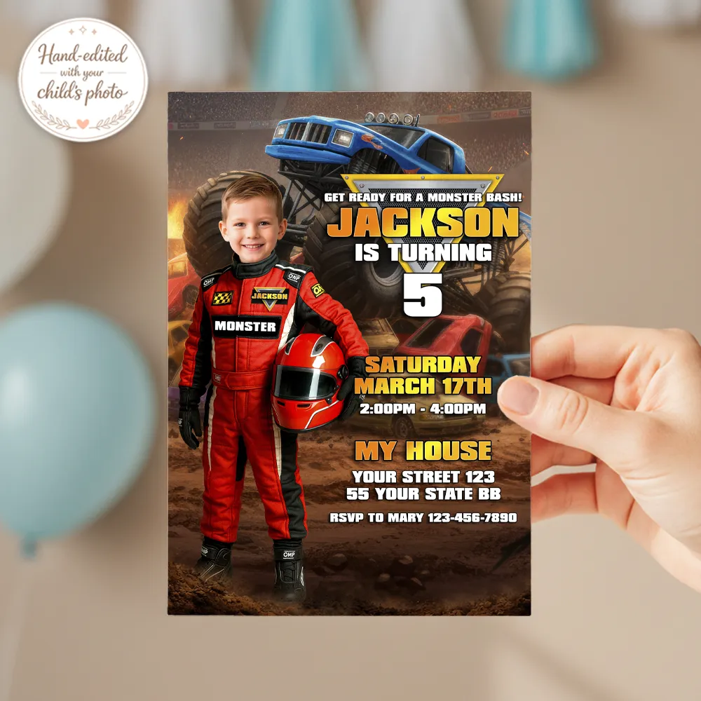 Red Monster Truck Custom Invitation | Personalized Smash & Crash Photo Invite 3 Monster Truck Custom Invitation – Personalized Off-Road Birthday Photo Invitation