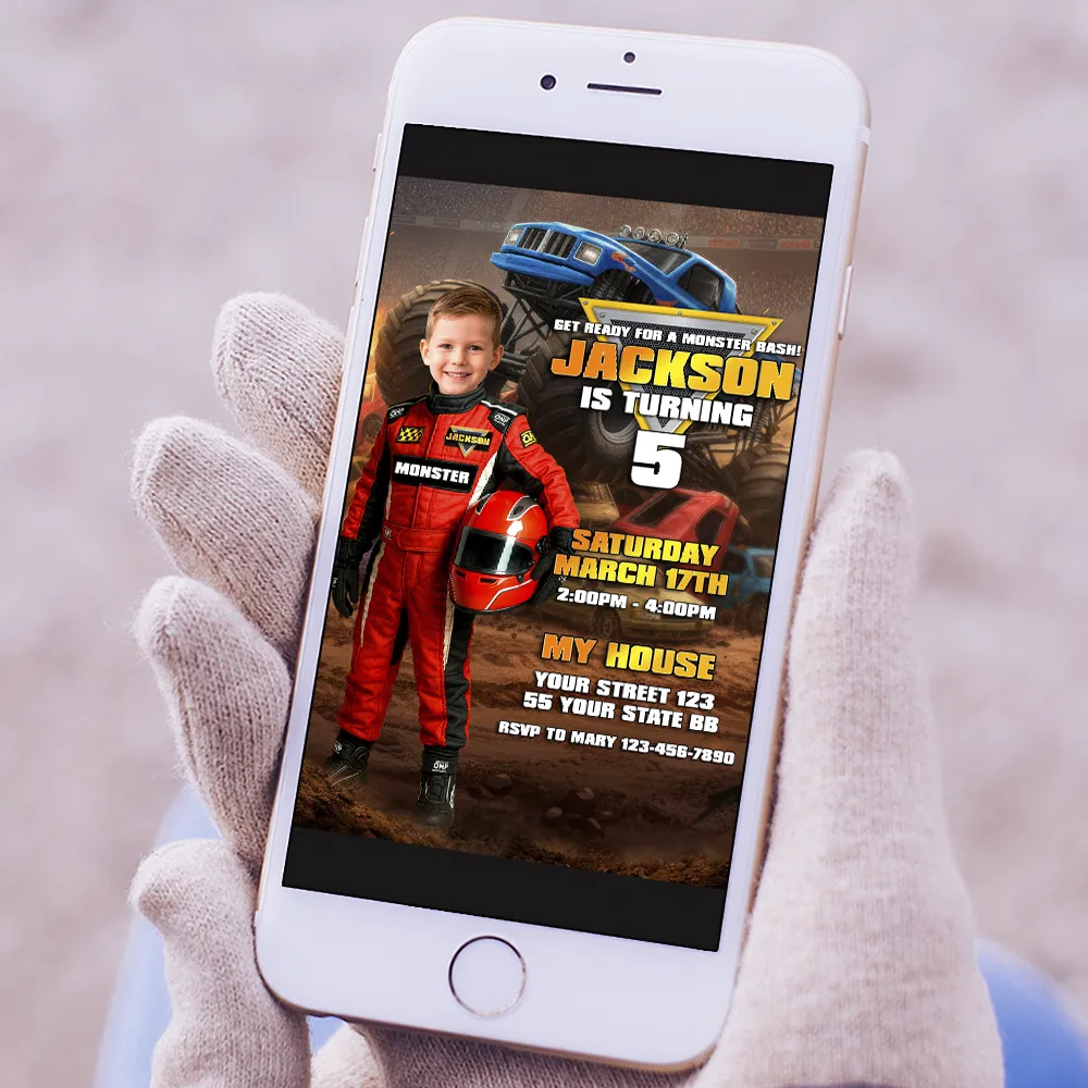 Red Monster Truck Custom Invitation | Personalized Smash & Crash Photo Invite 5 Monster Truck Custom Invitation – Personalized Off-Road Birthday Photo Invitation