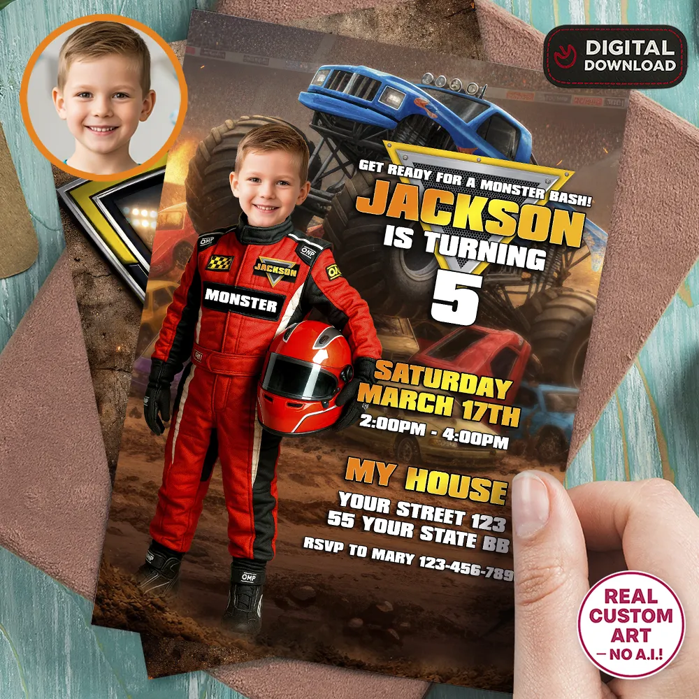 Red Monster Truck Custom Invitation | Personalized Smash & Crash Photo Invite 1 Monster Truck Custom Invitation with Boy Photo and Dirt Track