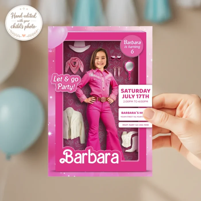 Rodeo Cowgirl Doll Box Invitation | Pink Western Photo Invite