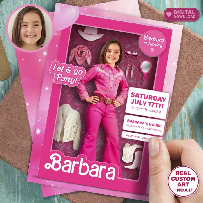 Rodeo Cowgirl Doll Box Invitation | Pink Western Photo Invite