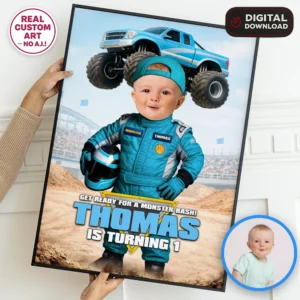 Soft Blue Monster Truck Welcome Sign | Custom Photo Poster