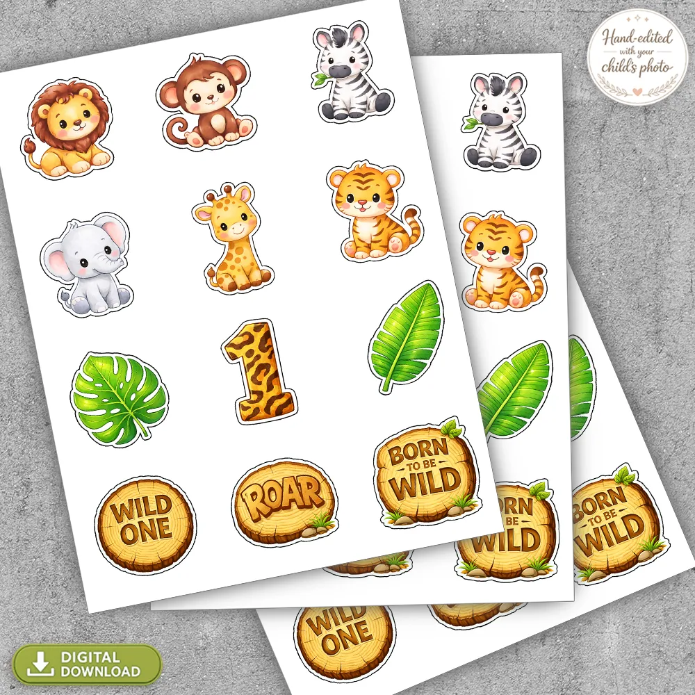 Close-up of 2-inch safari toppers with neutral jungle leaves and baby animals