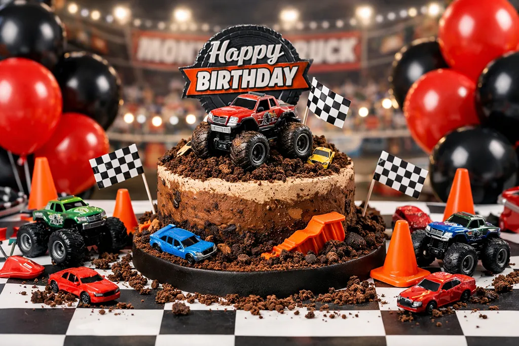 Monster truck birthday party theme inspiration with racing decorations and trucks