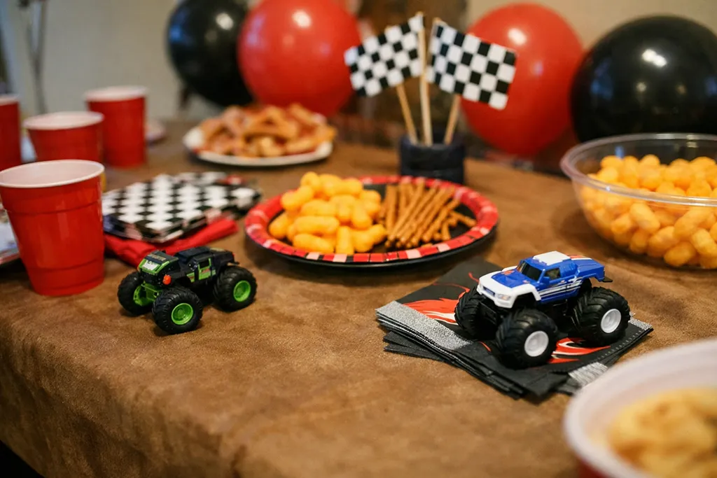 Monster truck rally birthday decorations with racing flags and tire themed setup