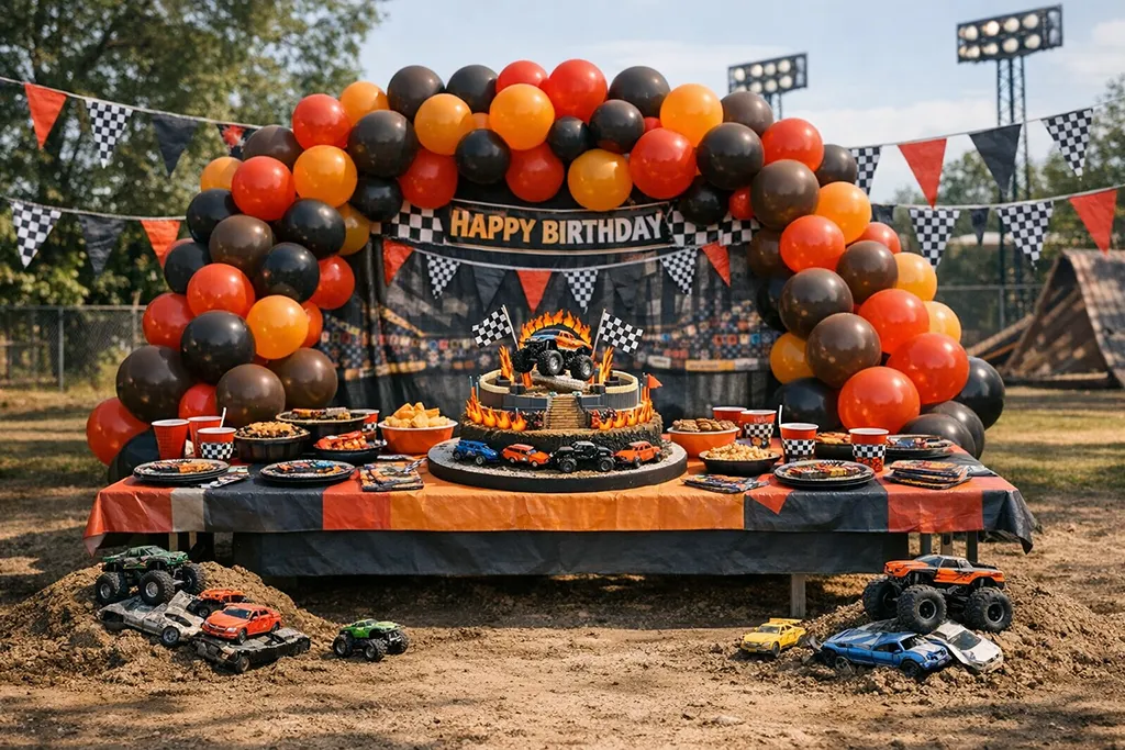 Monster truck arena birthday decorations with racing flags and tire themed setup
