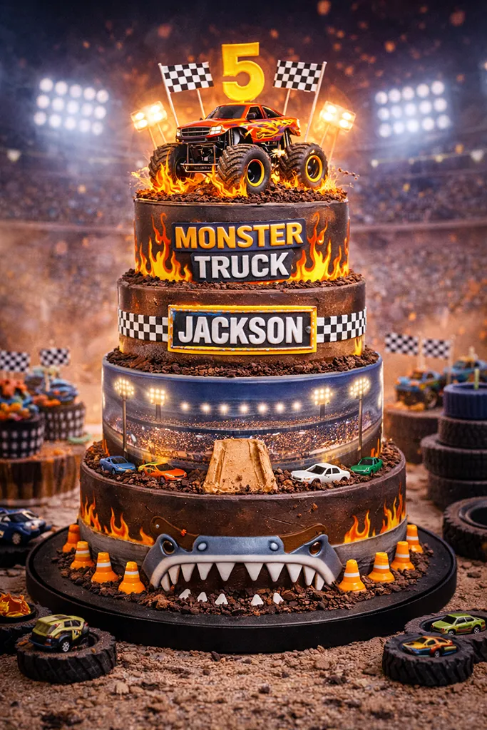 Monster truck arena birthday cake with dirt track and racing trucks