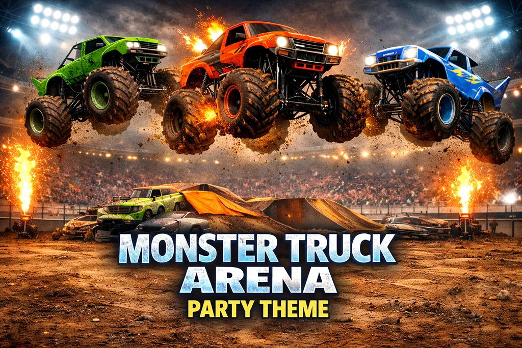 Ultimate monster truck arena birthday party theme with racing stadium and trucks