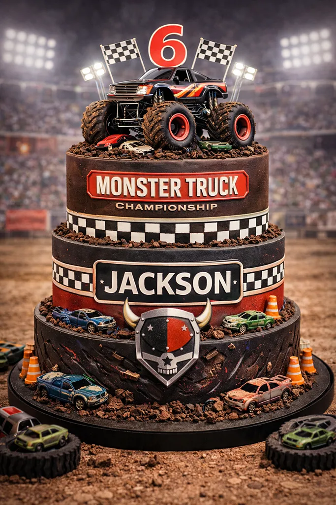 Monster truck championship birthday decorations with racing flags banners and stadium setup