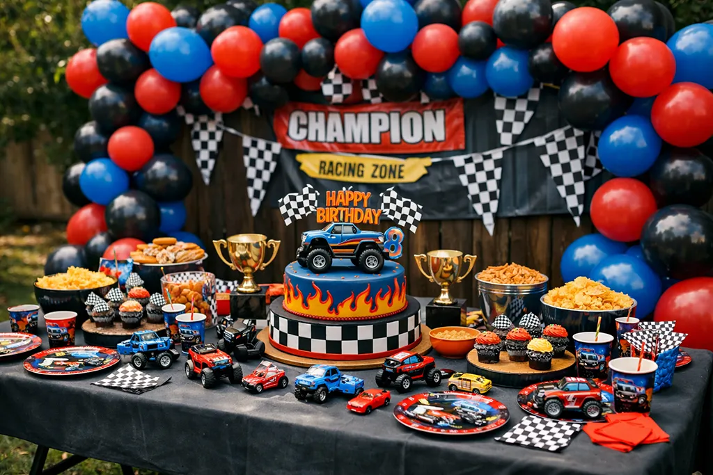Monster truck championship birthday cake with ramps tire tracks and trophy decoration