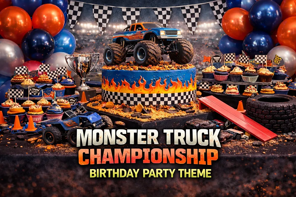 Monster truck championship birthday party theme with racing arena and trophy celebration