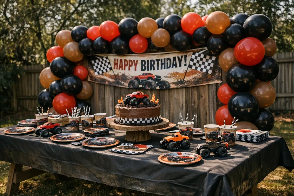 Monster truck driver party decorations with checkered flags, balloons and tire themed details
