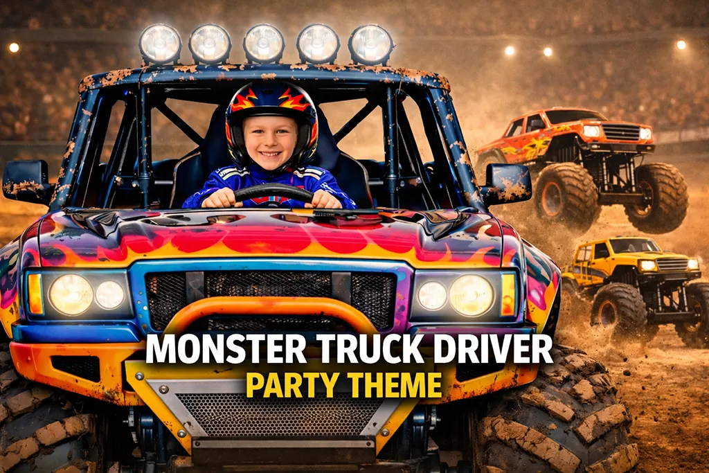 Monster truck driver birthday party theme with a child as the driver in a racing arena scene
