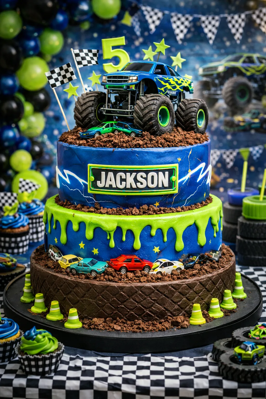 Electric blue monster truck birthday cake with tire tracks and racing theme