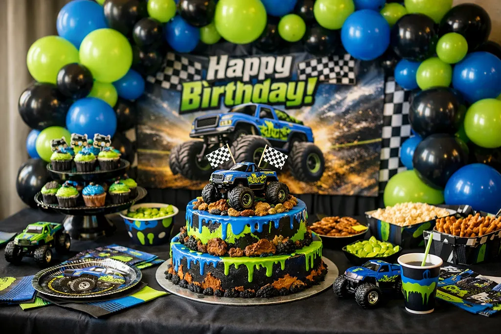 Electric blue monster truck birthday decorations with blue balloons and racing flags