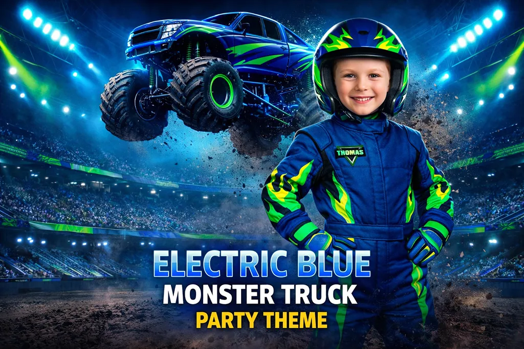 Electric blue monster truck birthday party theme with glowing racing arena and trucks