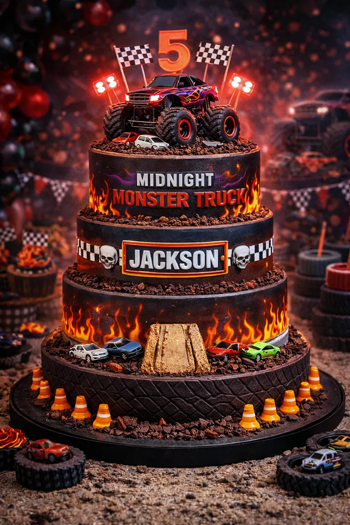Midnight monster truck birthday cake with dark frosting, flames and tire tracks