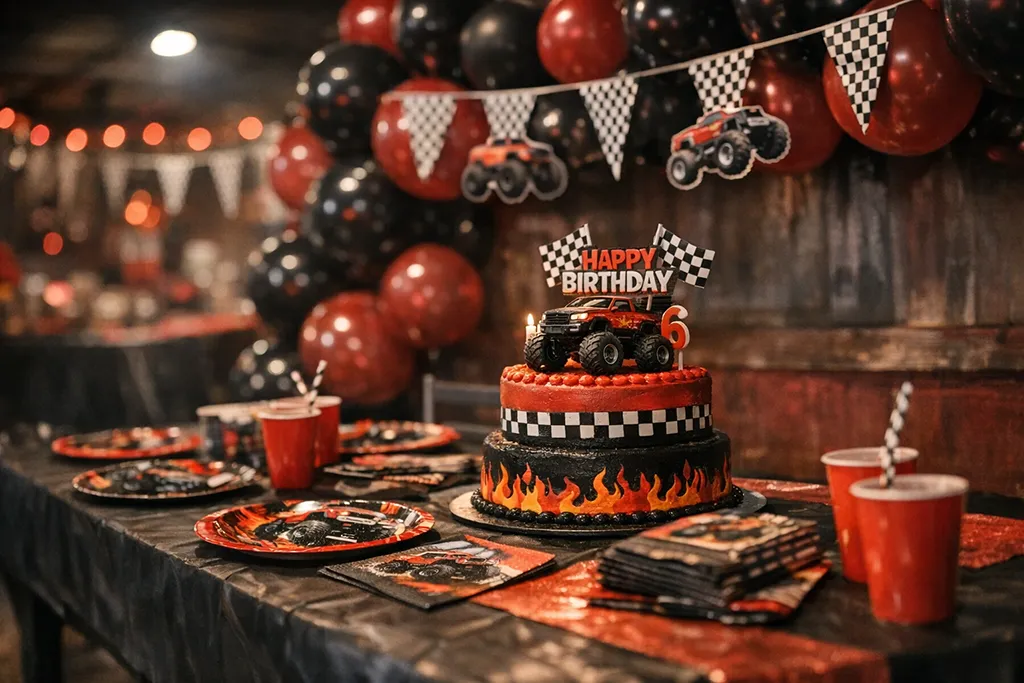 Midnight monster truck party decorations with black red balloons and racing flags
