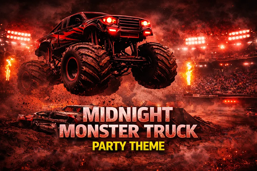 Midnight monster truck birthday party theme with dark racing arena lights and trucks