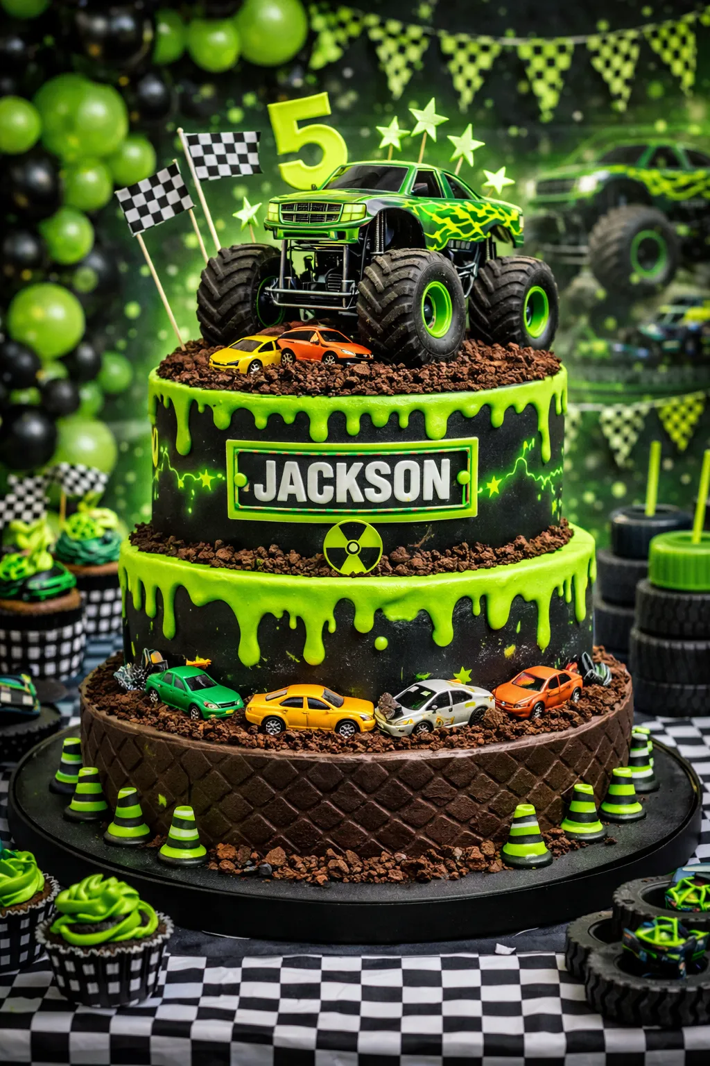 Neon green monster truck birthday cake with tire tracks and racing decorations