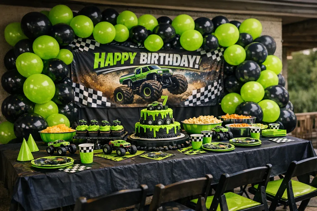 Neon green monster truck birthday decorations with racing flags and balloon garland