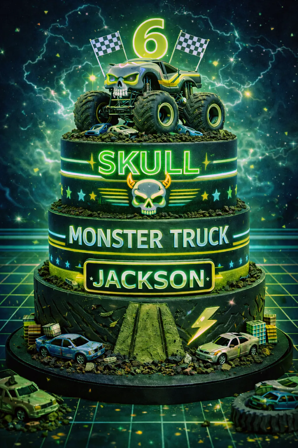 Skull monster truck birthday cake with dark frosting tire tracks and racing details