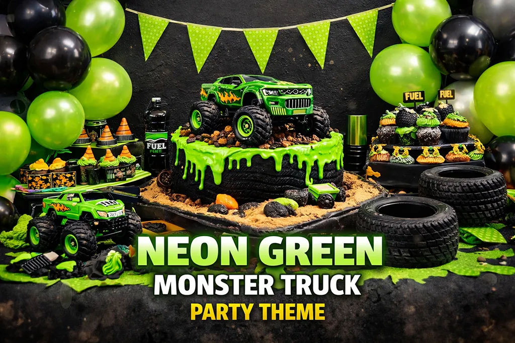 Neon green monster truck birthday party theme with dramatic racing arena and glowing trucks