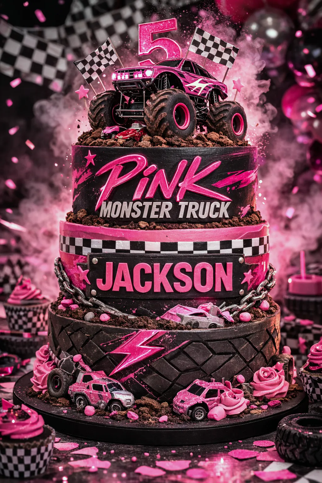 Pink monster truck birthday cake with racing flags and tire tracks