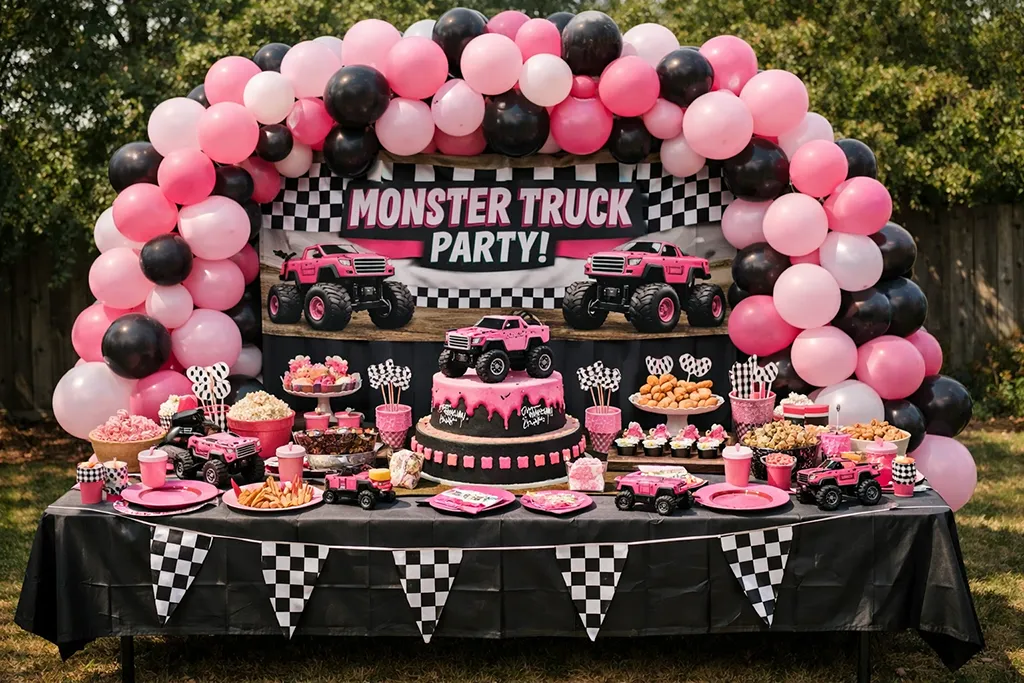 Pink monster truck birthday decorations with pink balloons and racing flags