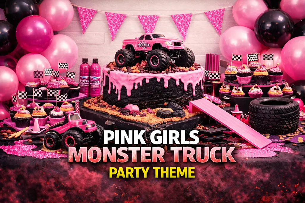 Pink monster truck birthday party theme with bright pink racing trucks and decorations