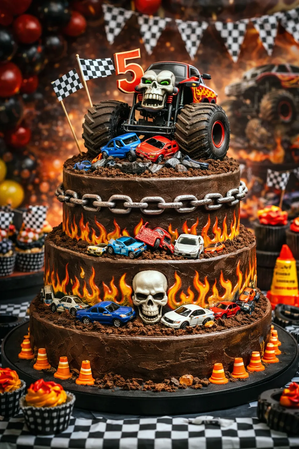 Monster truck rally birthday cake with dirt track and toy trucks