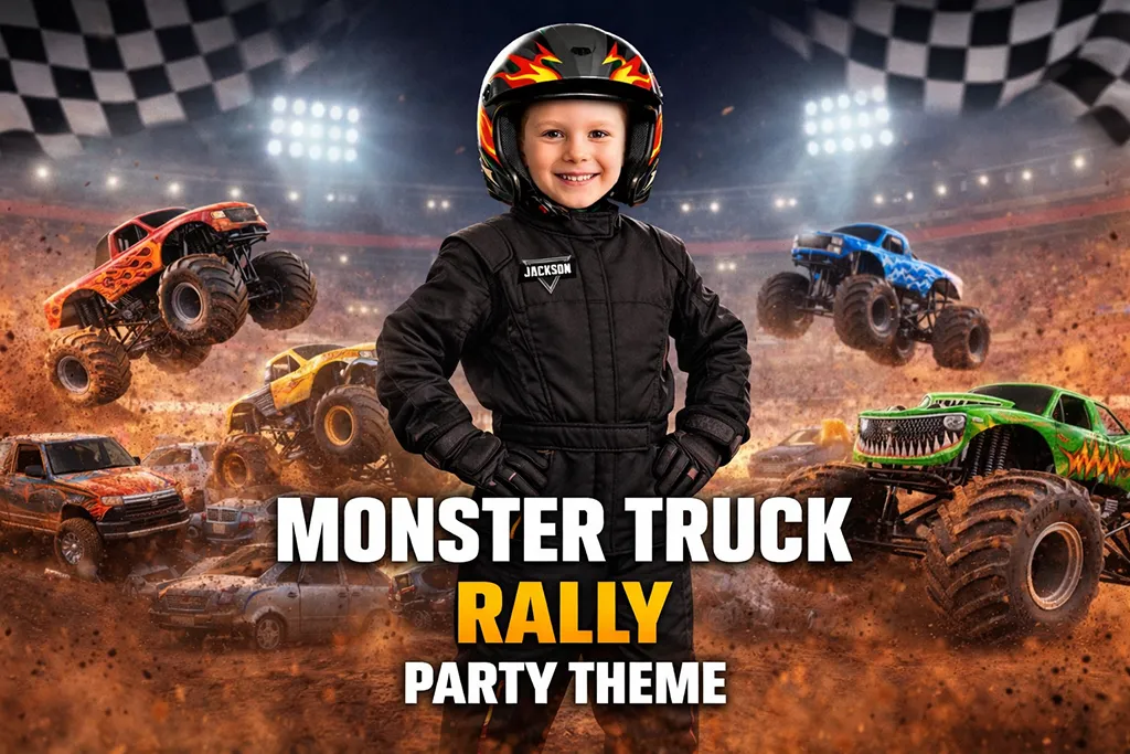 Monster truck rally birthday party theme with racing arena and dirt track decorations
