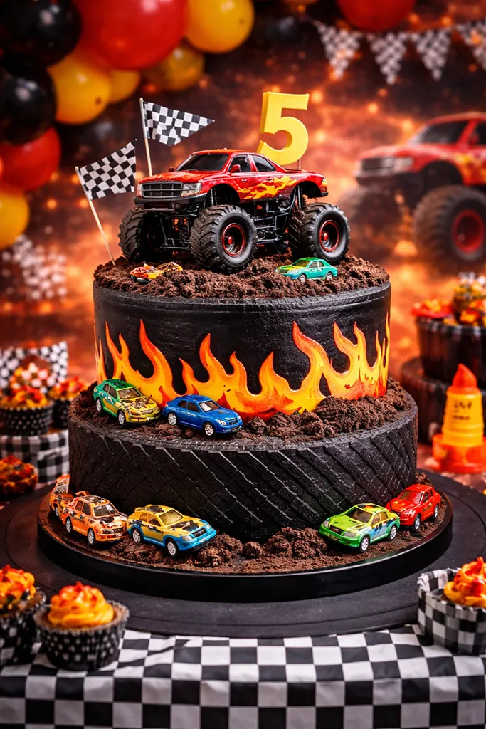 Monster truck birthday cake with red flames and racing theme