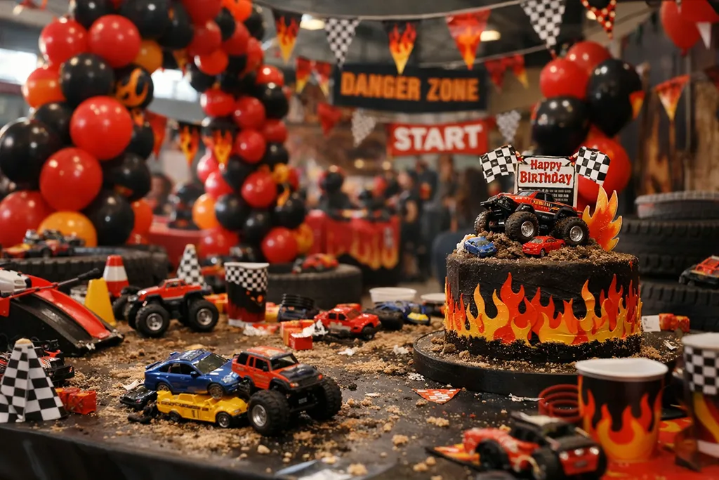 Red and black monster truck birthday party decorations with racing balloons