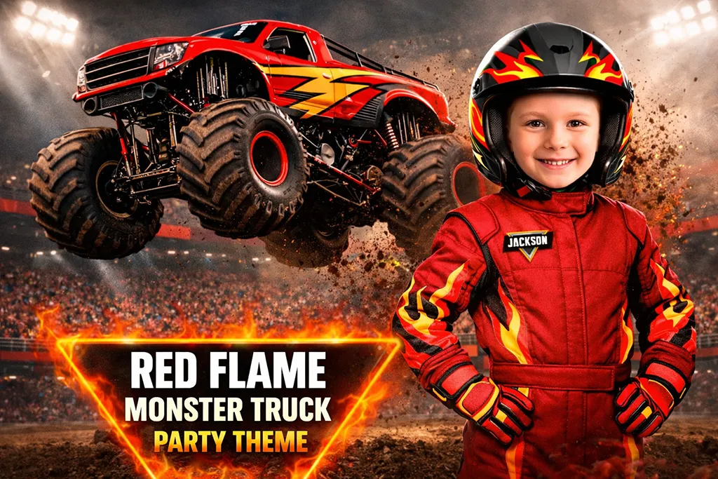 Red flame monster truck birthday party theme with dramatic racing arena decoration