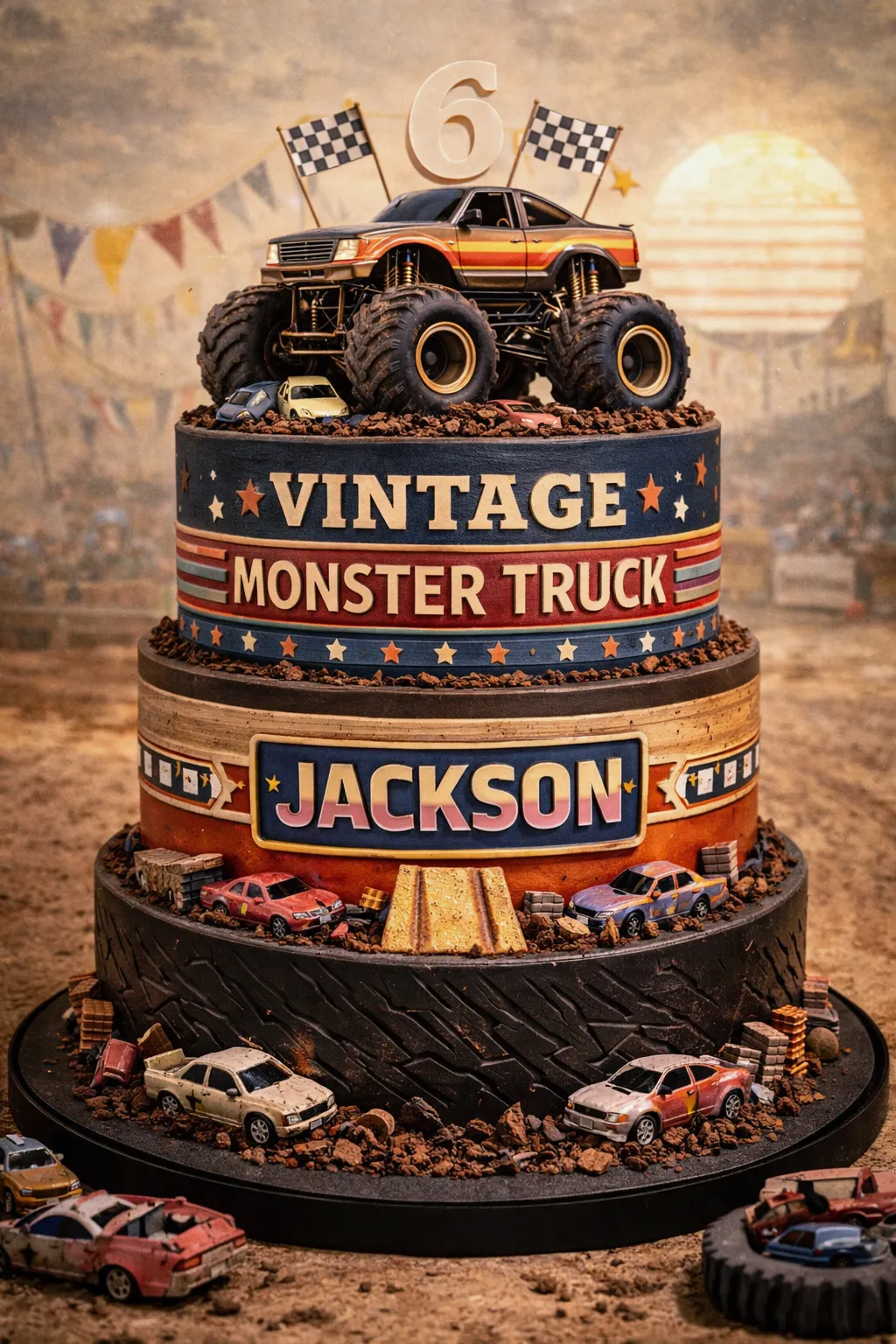 Retro monster truck birthday cake with vintage colors and racing details