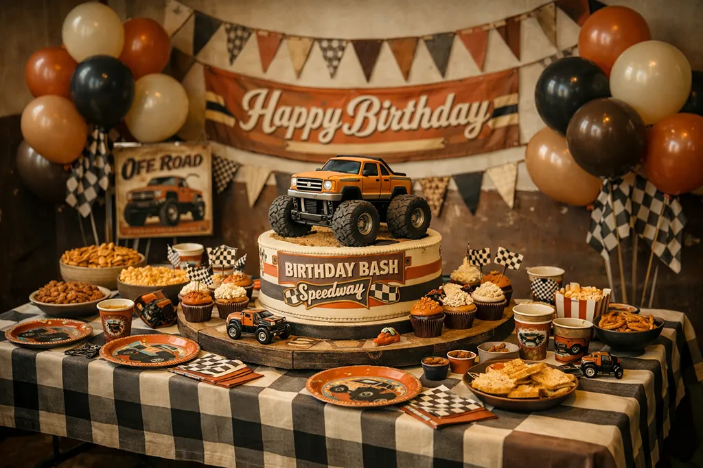 Retro monster truck birthday decorations with orange brown and beige racing colors
