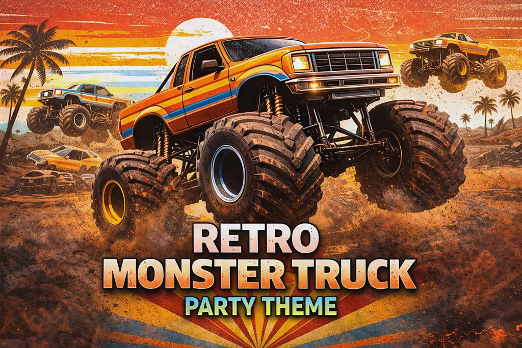 Retro monster truck birthday party theme with vintage racing colors and trucks