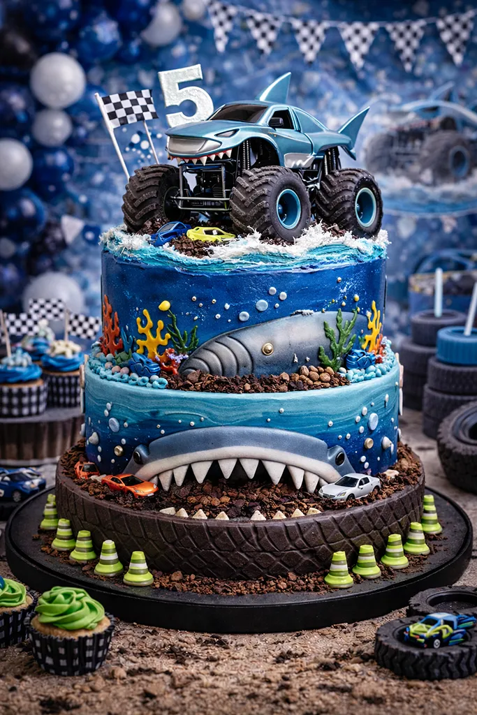 Shark monster truck birthday cake with blue frosting and racing track decorations