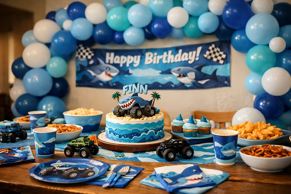 Shark monster truck birthday decorations with blue balloons and racing flags