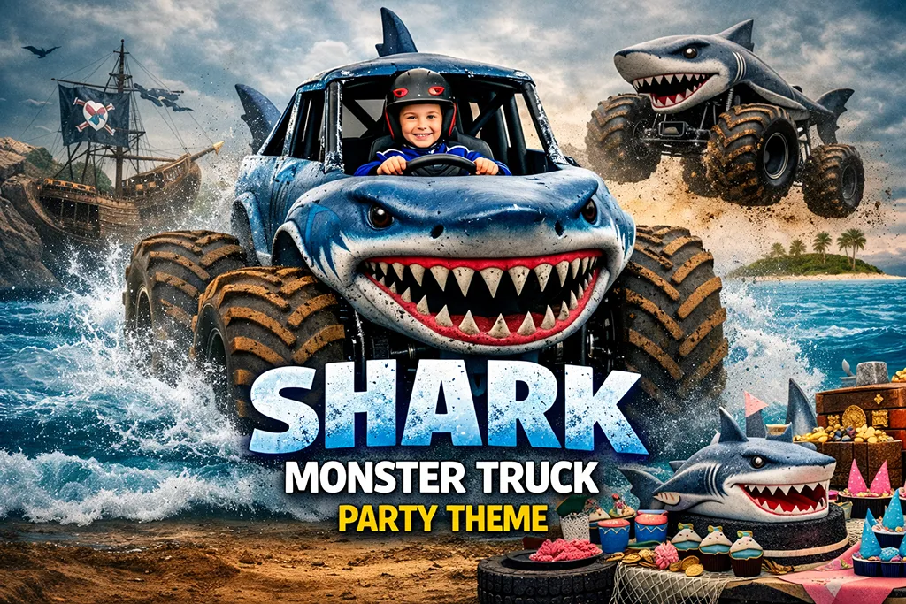 Shark monster truck birthday party theme with shark truck racing through arena