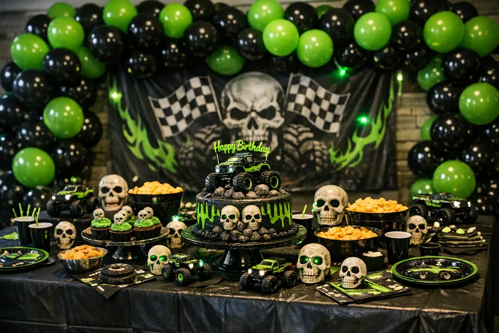 Skull monster truck birthday decorations with dark balloons racing flags and trucks