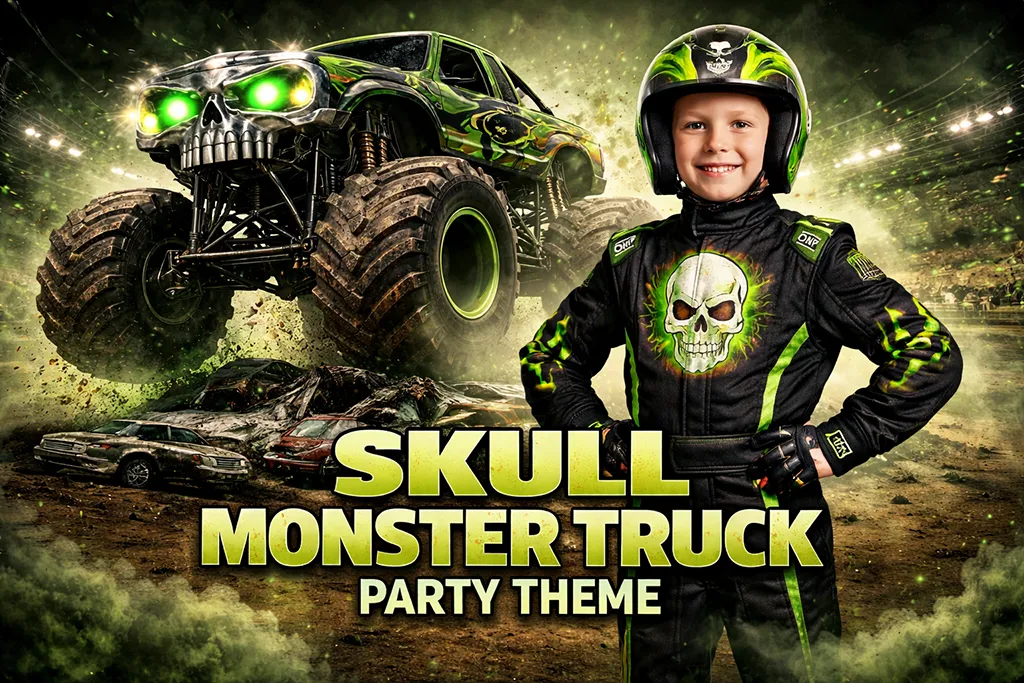 Skull monster truck birthday party theme with dark racing arena and skull graphics