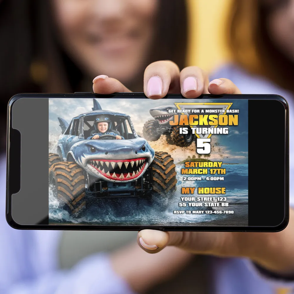 Blue Monster Truck Shark Invitation | Personalized Megalodon Style Birthday Invite 3 Blue Monster Truck Shark Invitation | Custom Megalodon Photo