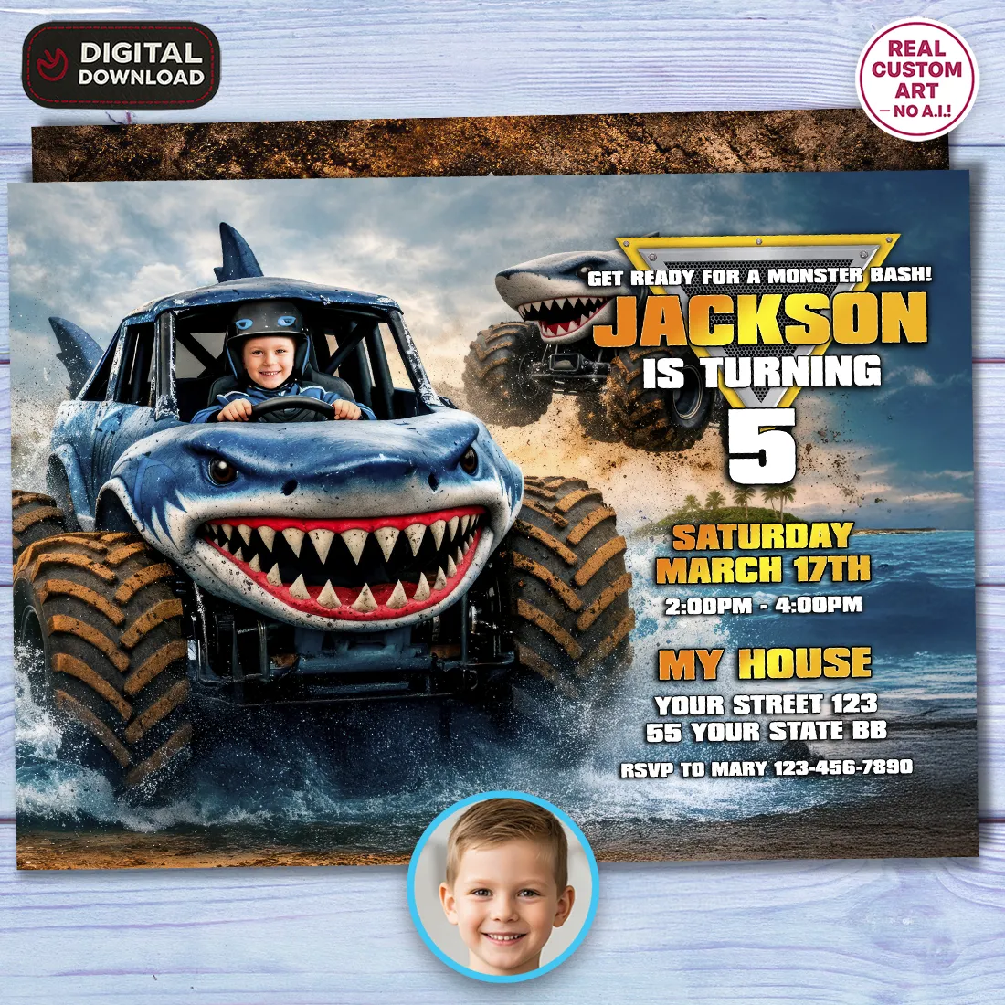 Shark monster truck birthday invitation design with shark truck theme
