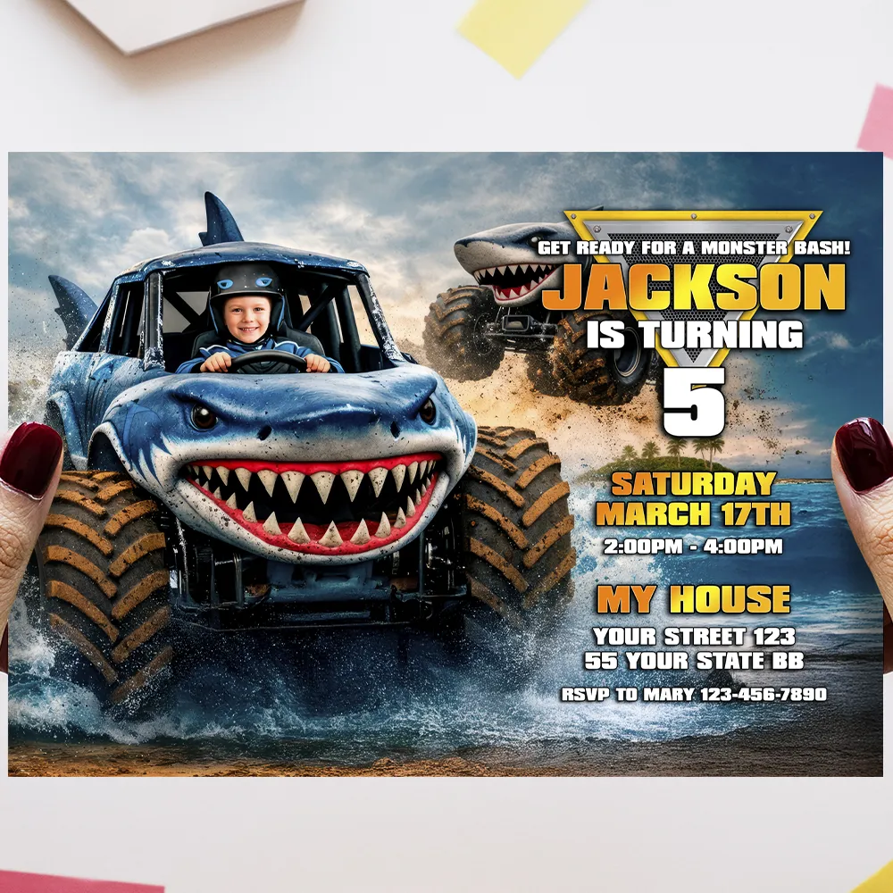 Blue Monster Truck Shark Invitation | Personalized Megalodon Style Birthday Invite 2 Blue Monster Truck Shark Invitation | Custom Megalodon Photo