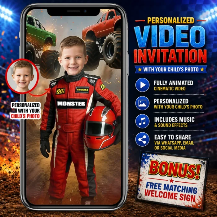 Monster Truck Video Invitation with Photo | Fire & Big Wheels Birthday Invite 1 Monster Truck Video Invitation | Fire Big Wheels Photo Party Video Invite